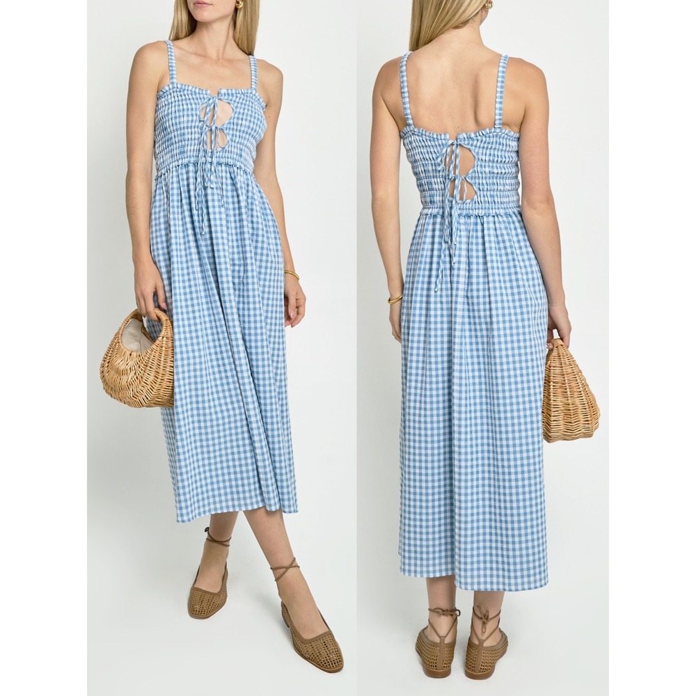 NWT Kourt Filicia Smocked Midi Dress in Blue Gingham - Size Small